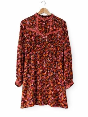 Anna Sui Floral Dress Sz 8 Boho Retro 60s Psychedelic Lace Trim Long Sleeve USA